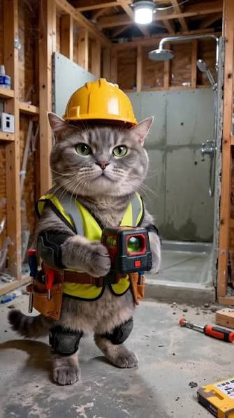 Graue Katze mit Bauhelm, Warnweste und Laser-Messgerät auf einer Baustelle