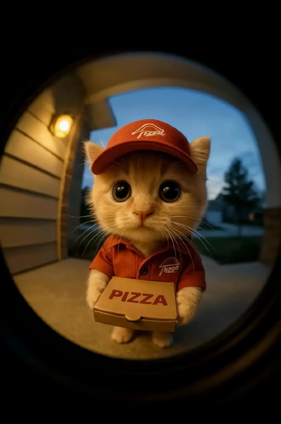 Kätzchen mit Mütze liefert eine Pizza, durch den Türspion gesehen
