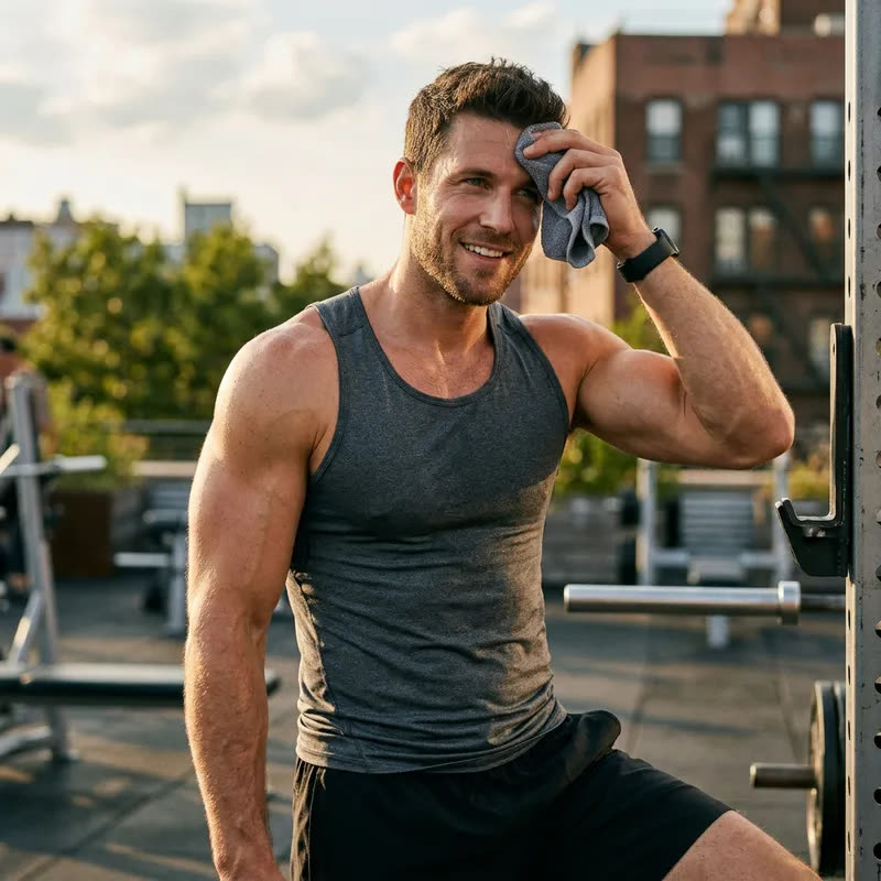 Lächelnder Mann wischt sich nach dem Training auf einer Dachterrasse die Stirn