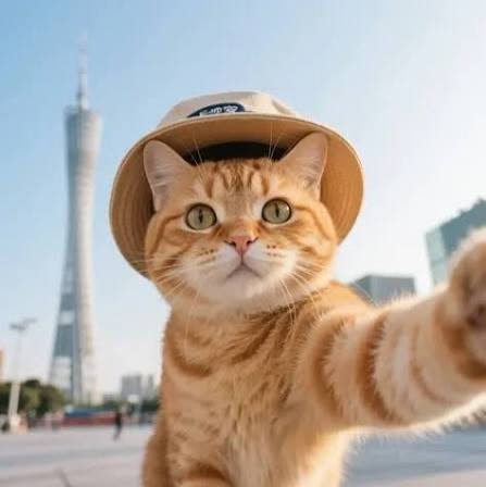 Roter Kater mit Hut macht ein Selfie vor einem Fernsehturm